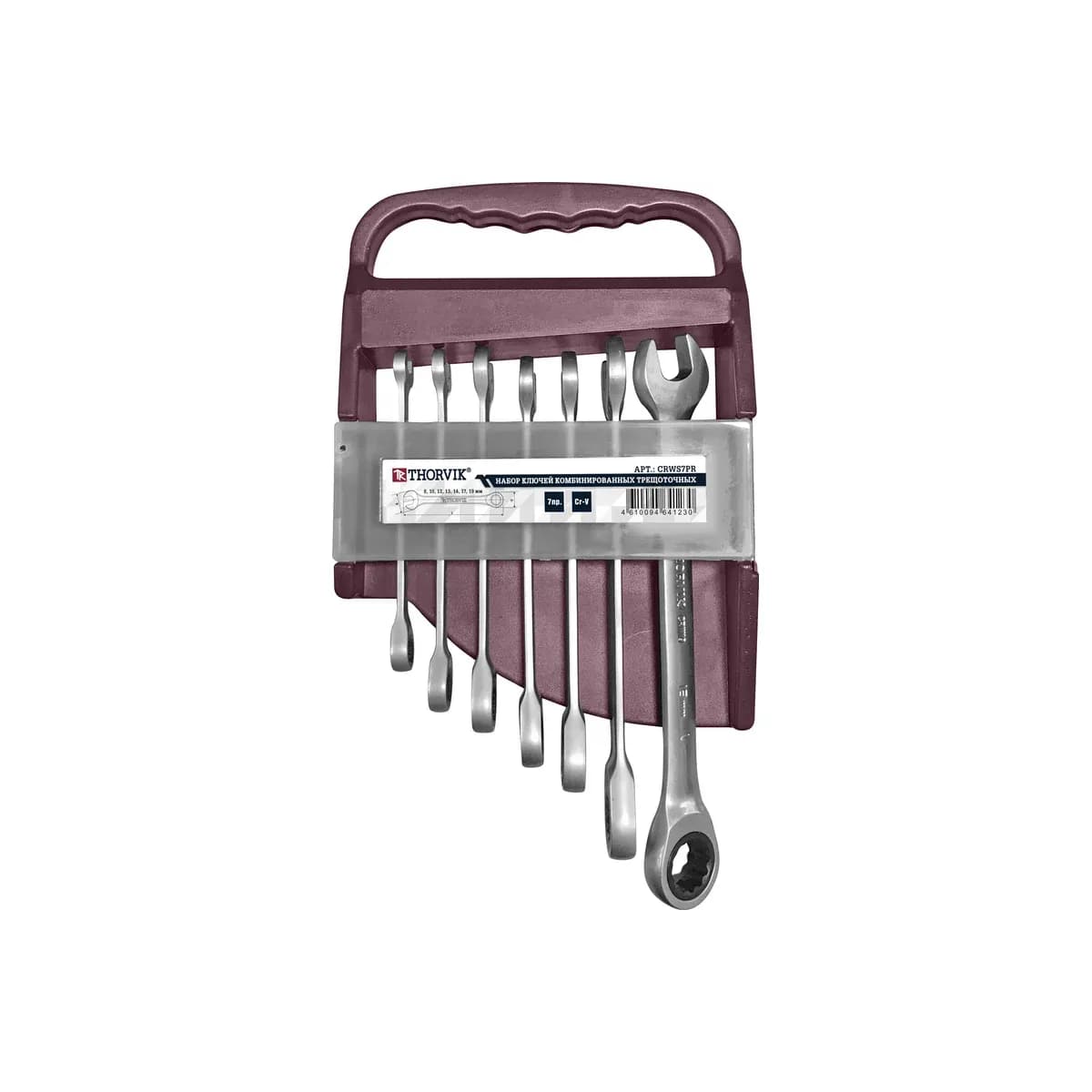 Thorvik CRWS7PR Набор ключей гаечных комбинированных трещоточных на держателе, 8-19 мм, 7 предметов