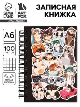 Записная книжка А6, 100 листов, в клетку «Мемные коты»